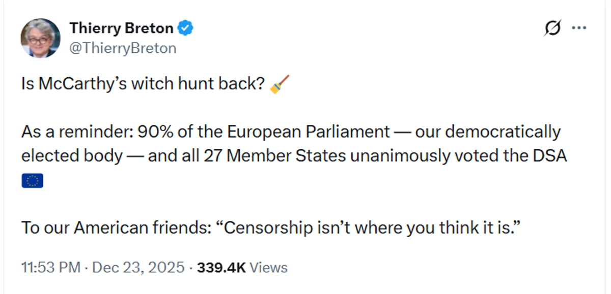 La replica di Thierry Breton su X La replica di Thierry Breton