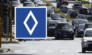 Was bedeutet das Schild mit der weißen Raute auf blauem Hintergrund, über das die Zeitungen viel berichten?