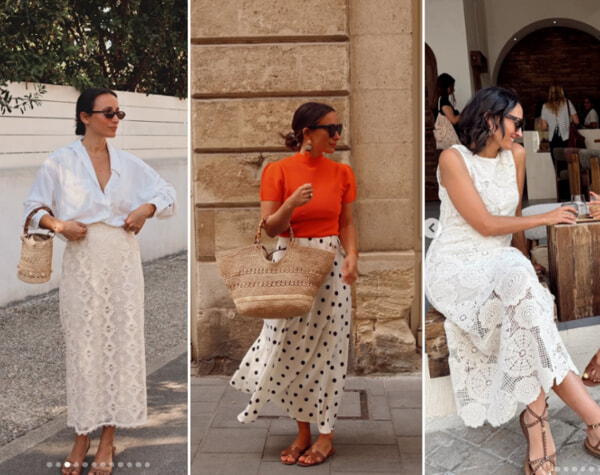 Laetitia Thomas, 152mila follower su Instagram. Mostra cappello e borse in paglia/rafia abbinati a gonne o abiti in ricami bianchi o all'uncinetto