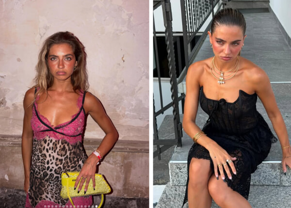 Alessia Lanza in un abito-lingerie maculato e con inserti di pizzo rosa e in un abito con corsetto nero in pizzo-2